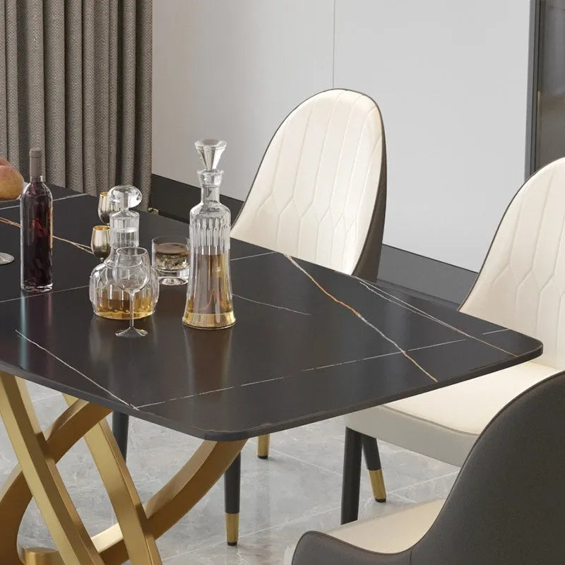 Table à manger rectangulaire en pierre frittée de 71", base dorée, Pandora/Noir/Blanc, 6 à 8 places