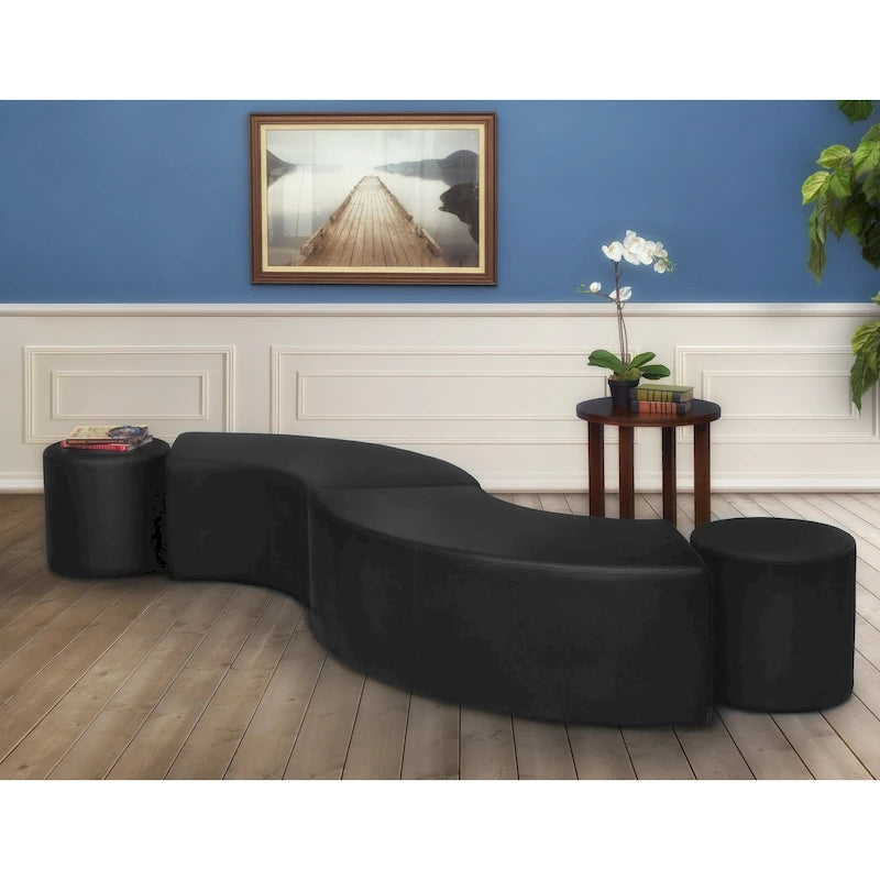 Ottoman en peluche semi-circulaire, noir/vert/bleu sarcelle/gris/bleu, lot de 2
