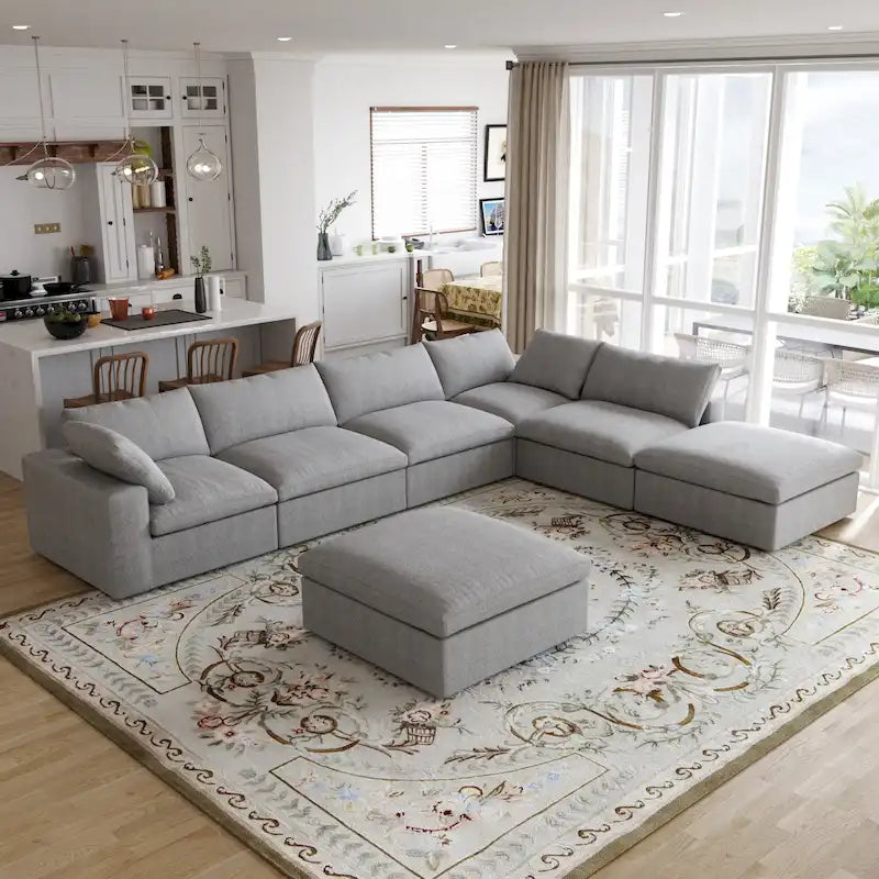 Canapé modulable d'angle en lin gris/noir/blanc avec ottoman, 6 places