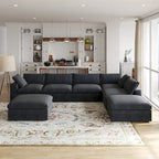 Canapé modulable d'angle en lin gris/noir/blanc avec ottoman, 6 places