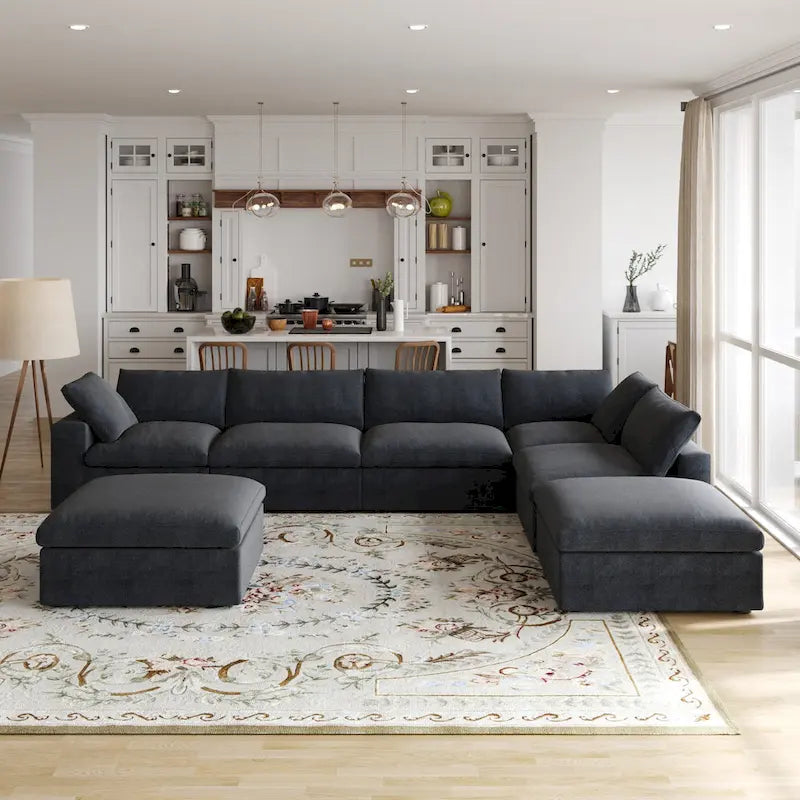 Canapé modulable d'angle en lin gris/noir/blanc avec ottoman, 6 places