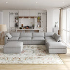 Canapé modulable d'angle en lin gris/noir/blanc avec ottoman, 6 places
