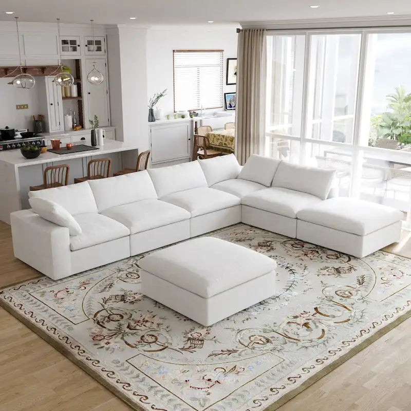 Canapé modulable d'angle en lin gris/noir/blanc avec ottoman, 6 places