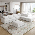 Canapé modulable d'angle en lin gris/noir/blanc avec ottoman, 6 places