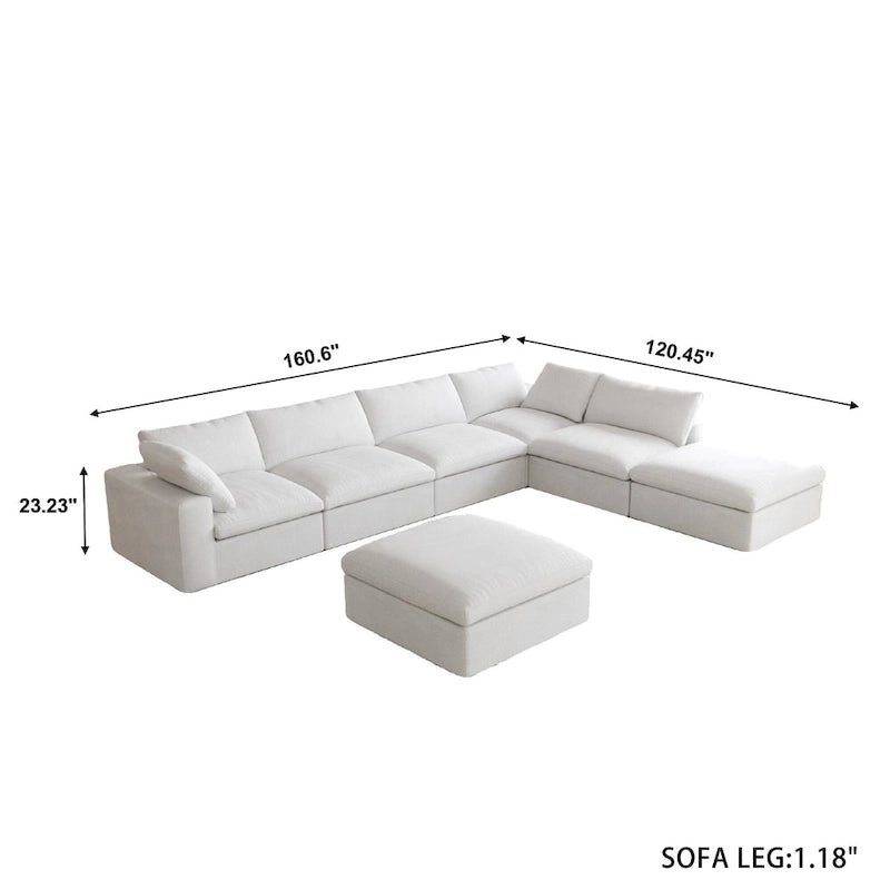 Canapé modulable d'angle en lin gris/noir/blanc avec ottoman, 6 places