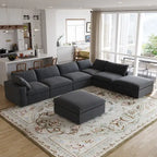 Canapé modulable d'angle en lin gris/noir/blanc avec ottoman, 6 places