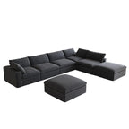 Canapé modulable d'angle en lin gris/noir/blanc avec ottoman, 6 places