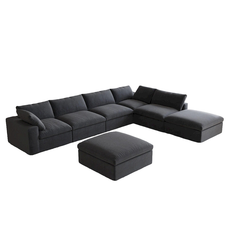 Canapé modulable d'angle en lin gris/noir/blanc avec ottoman, 6 places