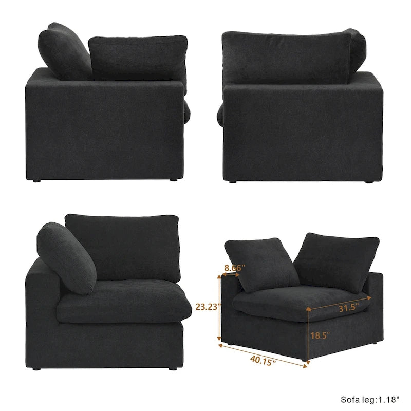 Canapé modulable d'angle en lin gris/noir/blanc avec ottoman, 6 places