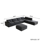 Canapé modulable d'angle en lin gris/noir/blanc avec ottoman, 6 places