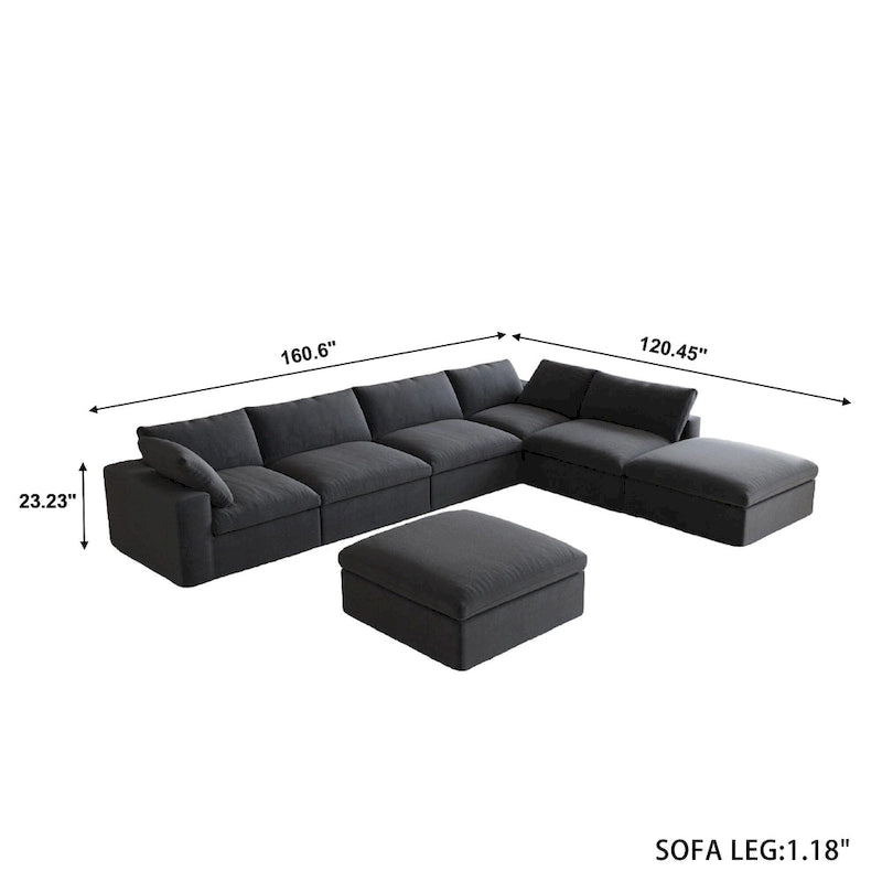 Canapé modulable d'angle en lin gris/noir/blanc avec ottoman, 6 places