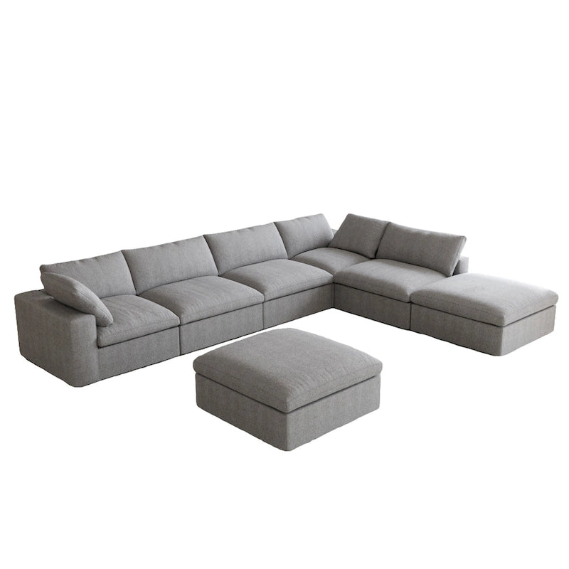 Canapé modulable d'angle en lin gris/noir/blanc avec ottoman, 6 places