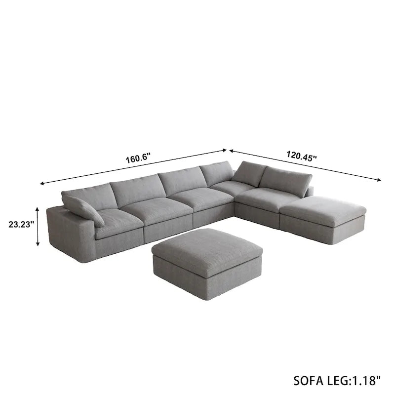 Canapé modulable d'angle en lin gris/noir/blanc avec ottoman, 6 places