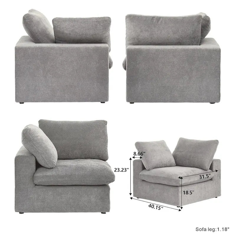 Canapé modulable d'angle en lin gris/noir/blanc avec ottoman, 6 places