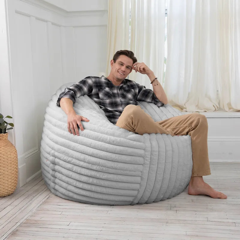 Pouf géant en fausse fourrure, Noir/Bleu Nuit/Gris/Ivoire, 2-3 personnes, 1,50 m