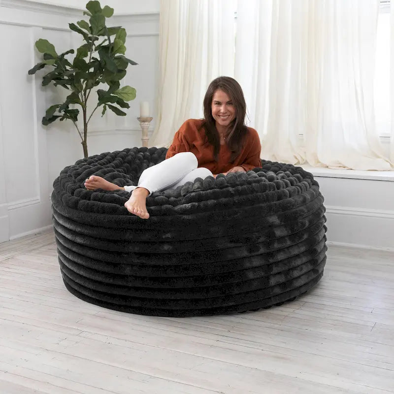 Pouf géant en fausse fourrure, Noir/Bleu Nuit/Gris/Ivoire, 2-3 personnes, 1,50 m