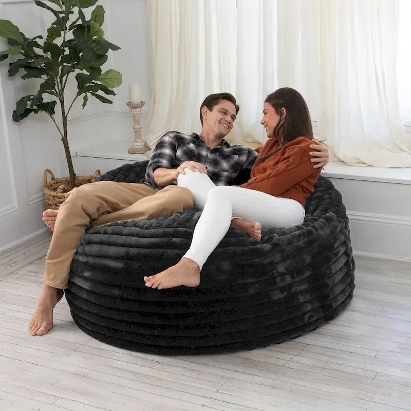 Pouf géant en fausse fourrure, Noir/Bleu Nuit/Gris/Ivoire, 2-3 personnes, 1,50 m