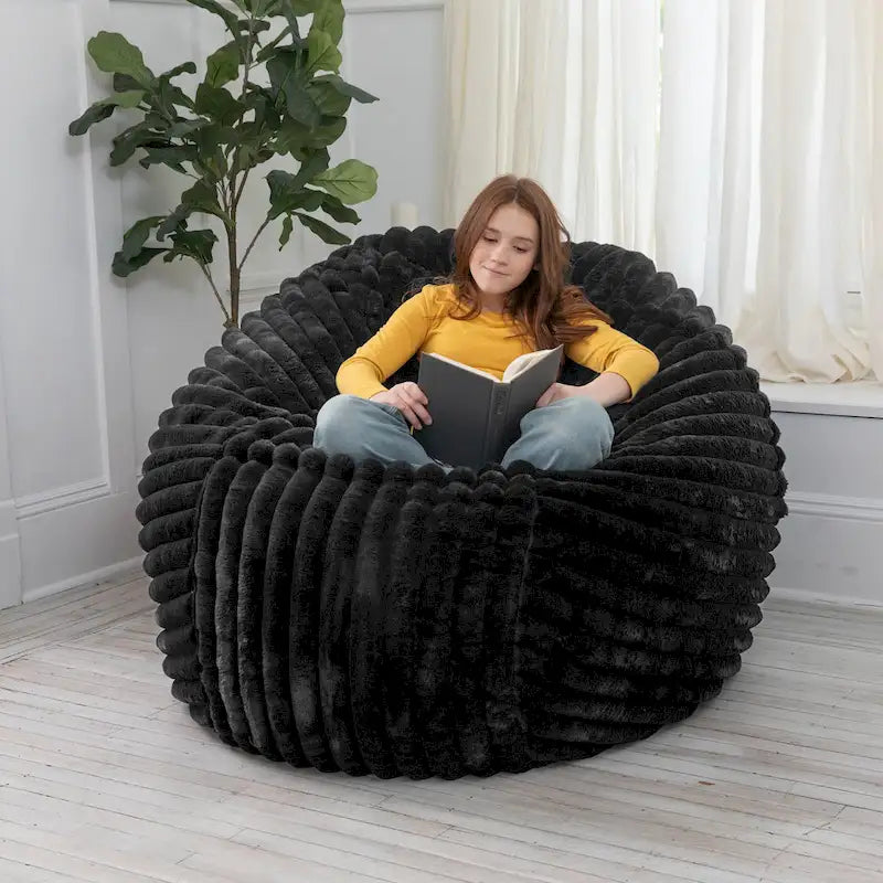 Pouf géant en fausse fourrure, Noir/Bleu Nuit/Gris/Ivoire, 2-3 personnes, 1,50 m