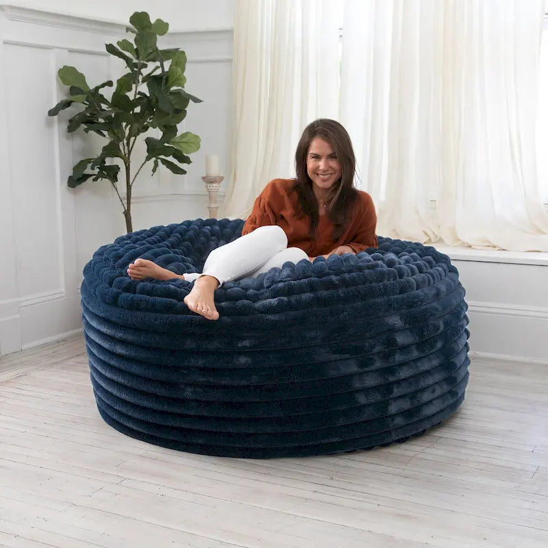 Pouf géant en fausse fourrure, Noir/Bleu Nuit/Gris/Ivoire, 2-3 personnes, 1,50 m