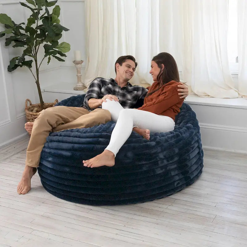 Pouf géant en fausse fourrure, Noir/Bleu Nuit/Gris/Ivoire, 2-3 personnes, 1,50 m