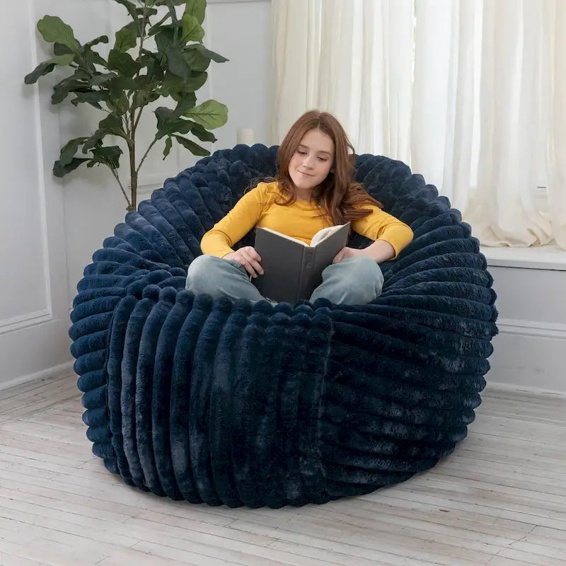 Pouf géant en fausse fourrure, Noir/Bleu Nuit/Gris/Ivoire, 2-3 personnes, 1,50 m