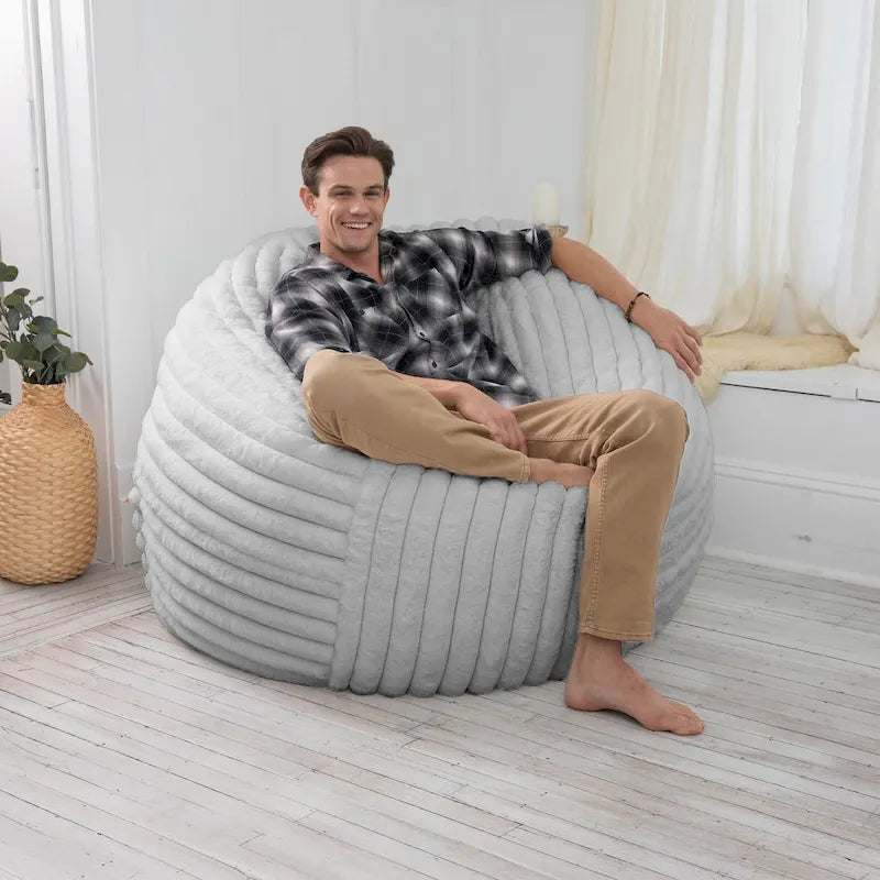 Pouf géant en fausse fourrure, Noir/Bleu Nuit/Gris/Ivoire, 2-3 personnes, 1,50 m