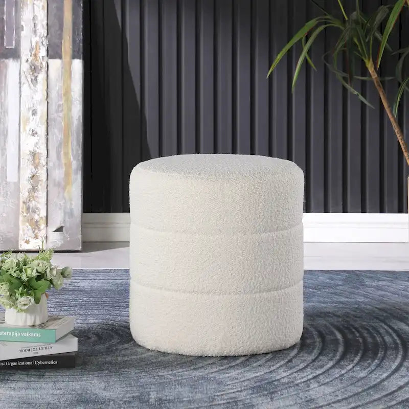 Ottoman rond – Similicuir caramel / Bouclé crème et blanc, Une place