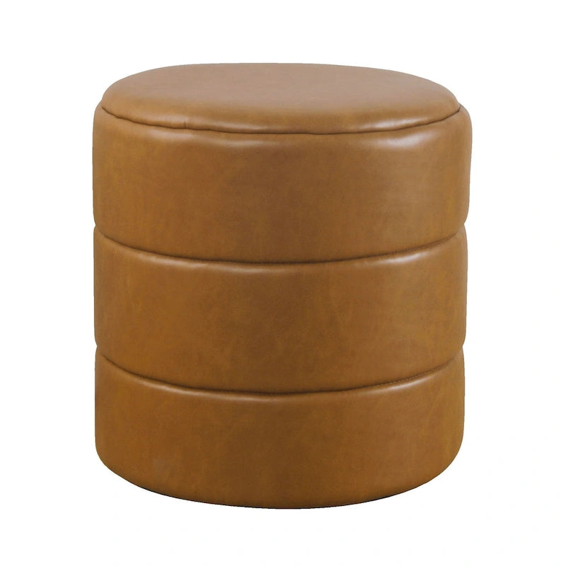 Ottoman rond – Similicuir caramel / Bouclé crème et blanc, Une place