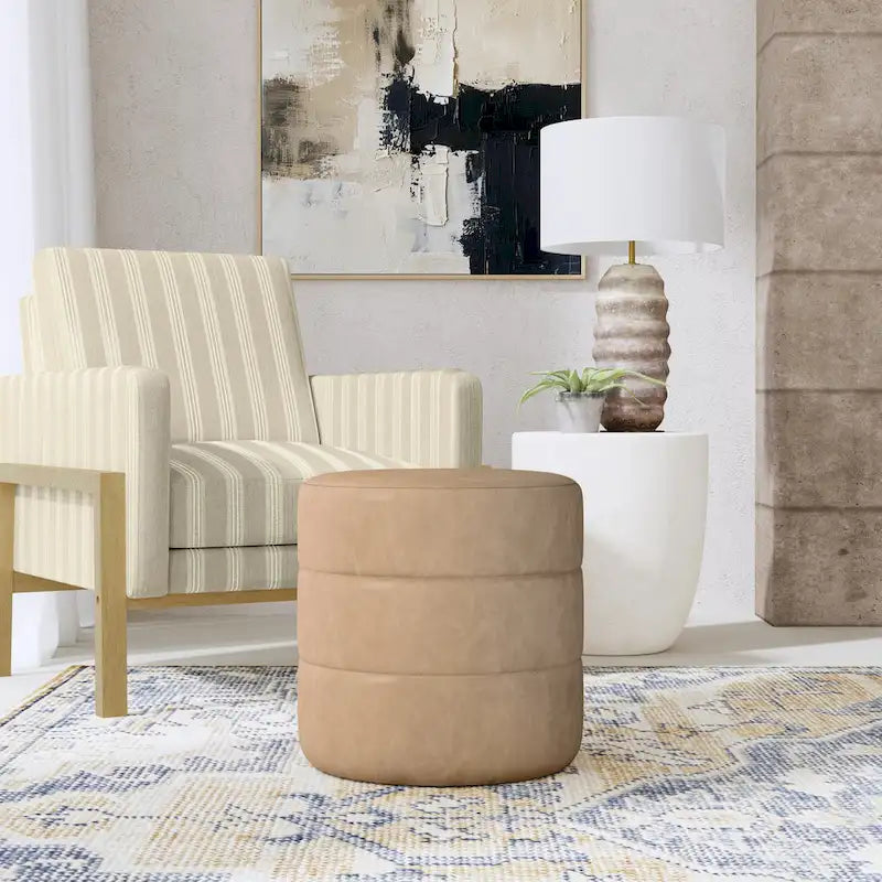 Ottoman rond – Similicuir caramel / Bouclé crème et blanc, Une place