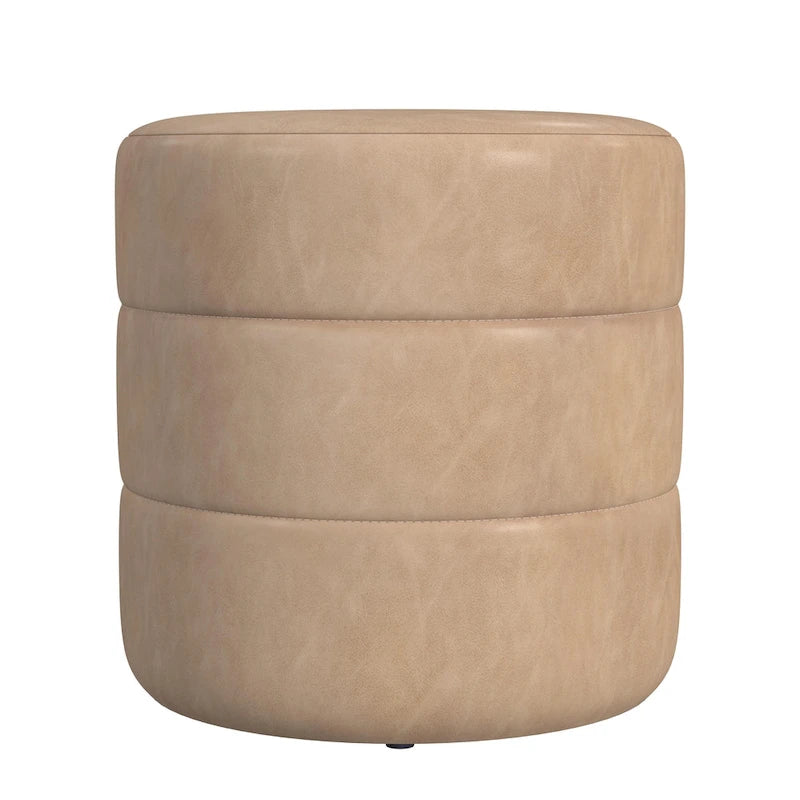 Ottoman rond – Similicuir caramel / Bouclé crème et blanc, Une place