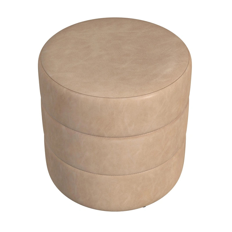 Ottoman rond – Similicuir caramel / Bouclé crème et blanc, Une place