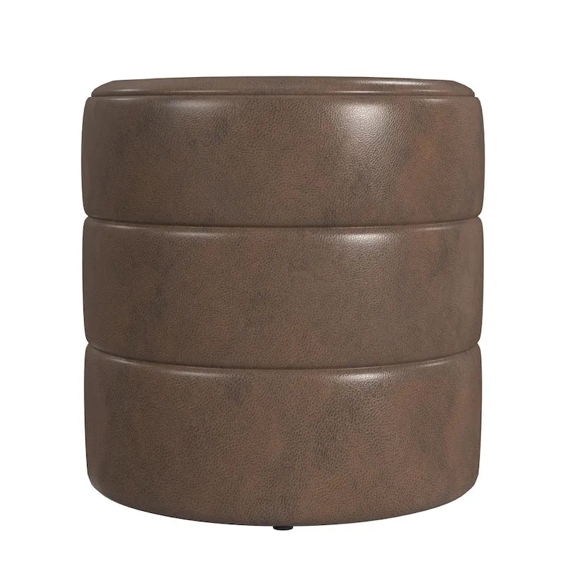 Ottoman rond – Similicuir caramel / Bouclé crème et blanc, Une place