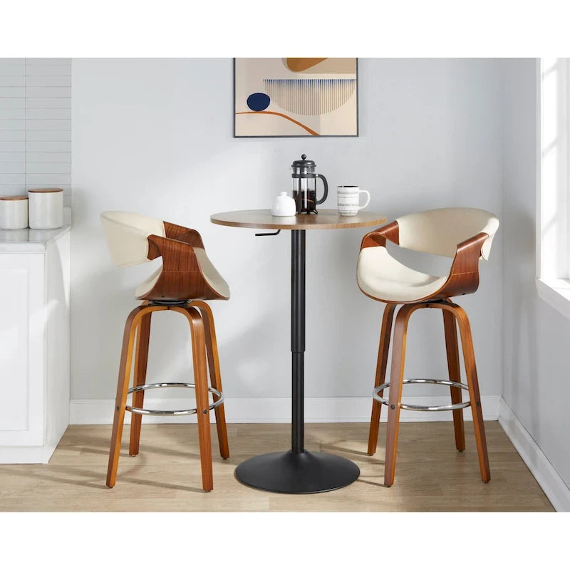 Table de bar réglable, plateau noir/blanc/marron/noyer, piètement chromé/noir, 2 places