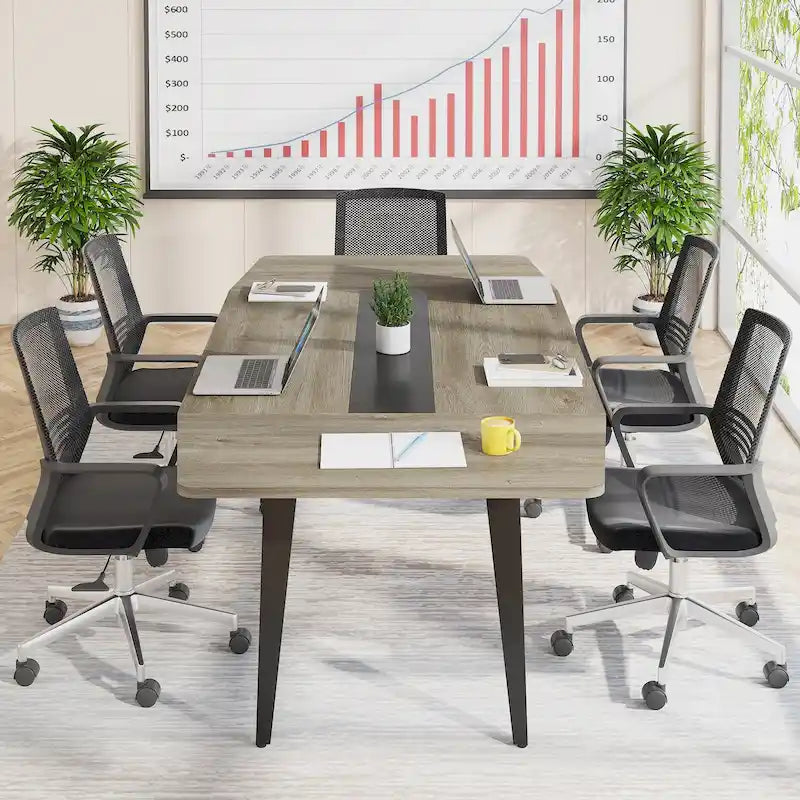 Table de conférence en forme de bateau, 1,8 m, 6-8 personnes, Grain de bois clair / Gris / Blanc