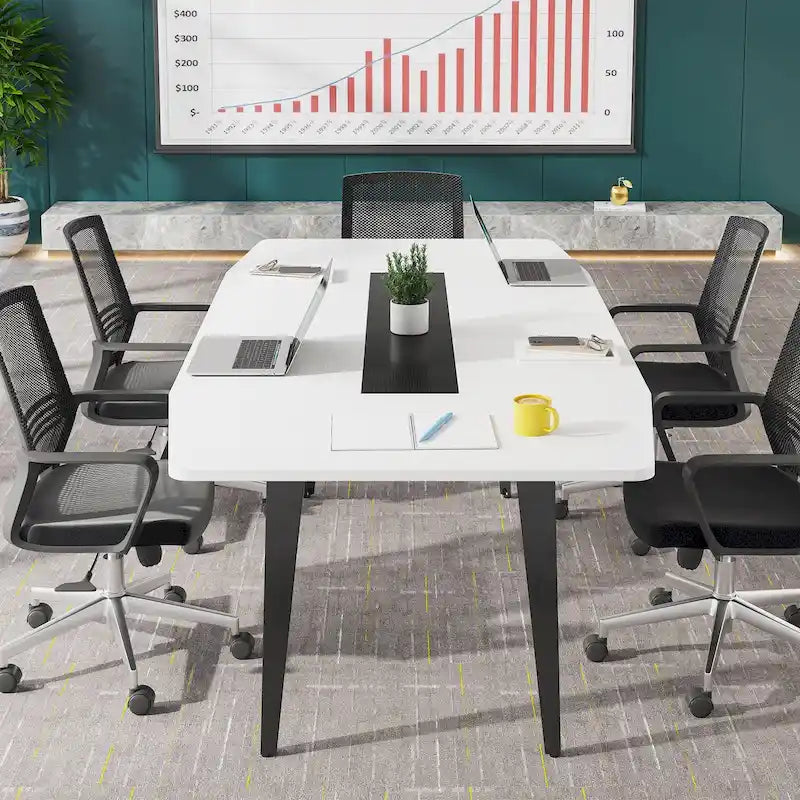 Table de conférence en forme de bateau, 1,8 m, 6-8 personnes, Grain de bois clair / Gris / Blanc