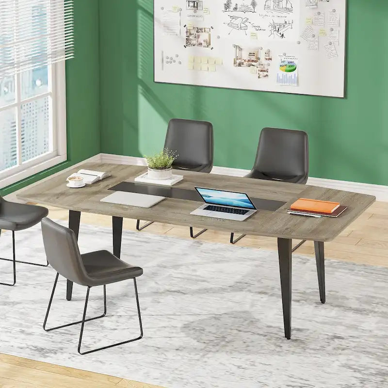 Table de conférence en forme de bateau, 1,8 m, 6-8 personnes, Grain de bois clair / Gris / Blanc