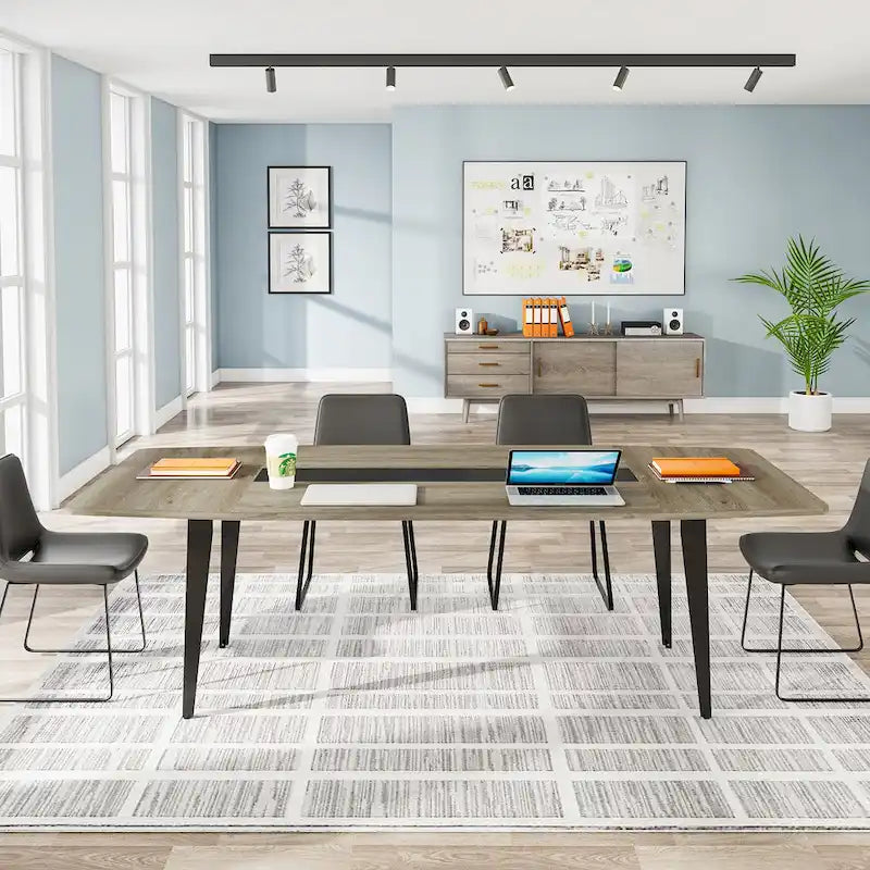 Table de conférence en forme de bateau, 1,8 m, 6-8 personnes, Grain de bois clair / Gris / Blanc