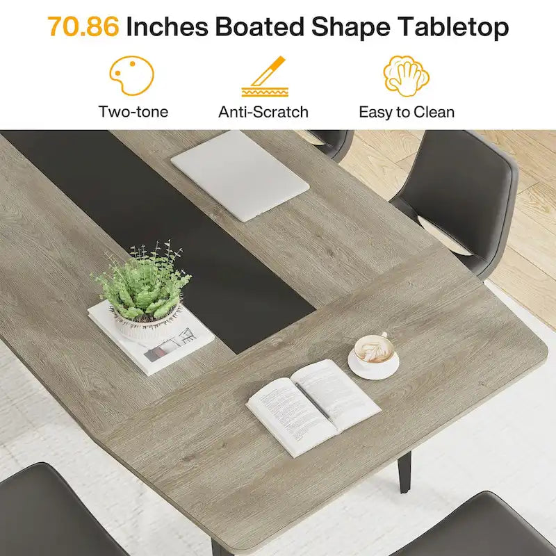 Table de conférence en forme de bateau, 1,8 m, 6-8 personnes, Grain de bois clair / Gris / Blanc