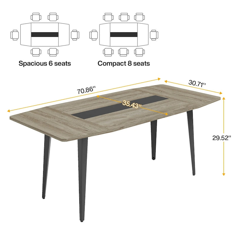 Table de conférence en forme de bateau, 1,8 m, 6-8 personnes, Grain de bois clair / Gris / Blanc