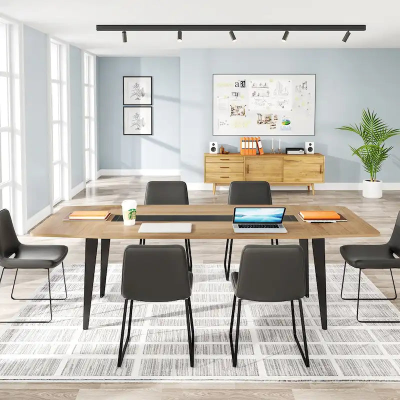 Table de conférence en forme de bateau, 1,8 m, 6-8 personnes, Grain de bois clair / Gris / Blanc