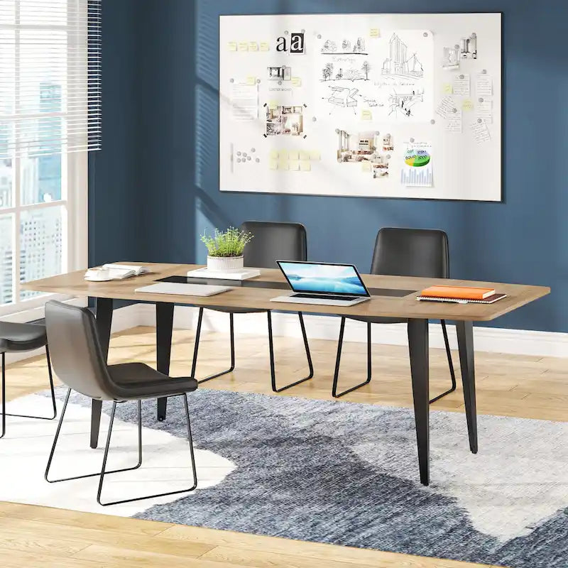 Table de conférence en forme de bateau, 1,8 m, 6-8 personnes, Grain de bois clair / Gris / Blanc