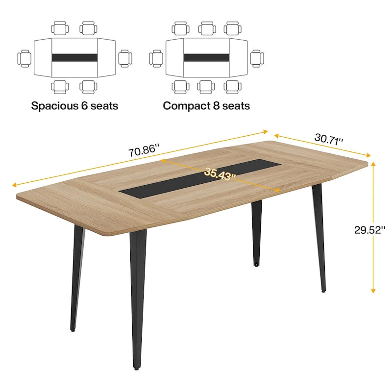 Table de conférence en forme de bateau, 1,8 m, 6-8 personnes, Grain de bois clair / Gris / Blanc