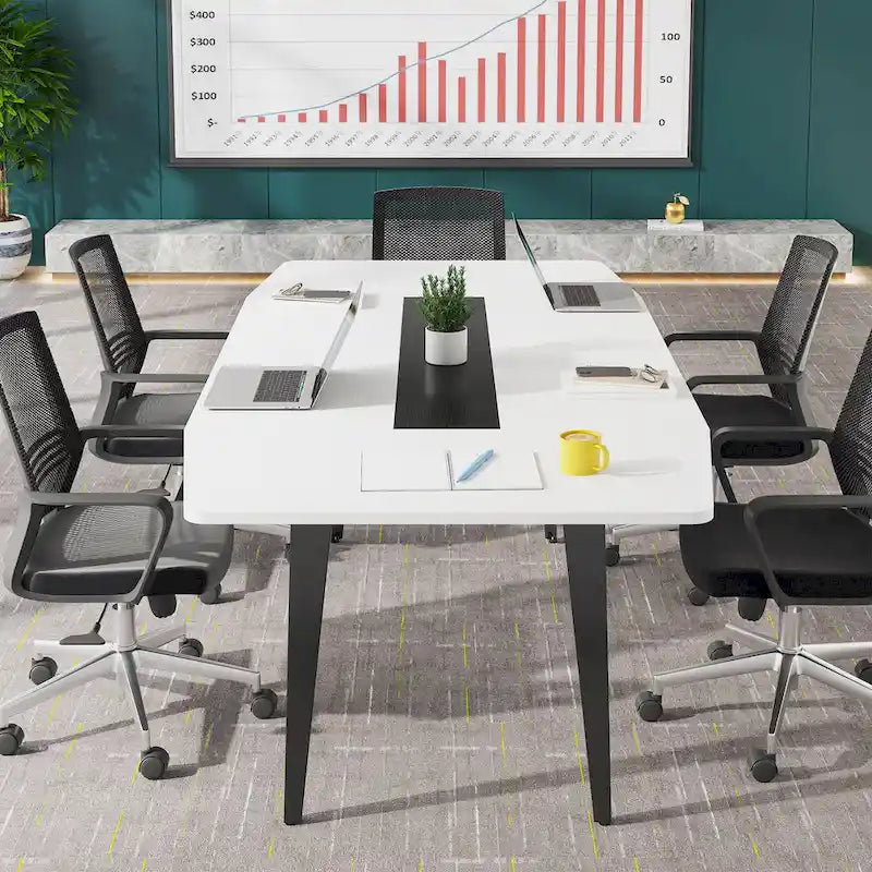Table de conférence en forme de bateau, 1,8 m, 6-8 personnes, Grain de bois clair / Gris / Blanc
