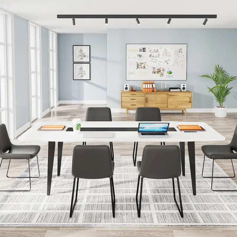 Table de conférence en forme de bateau, 1,8 m, 6-8 personnes, Grain de bois clair / Gris / Blanc