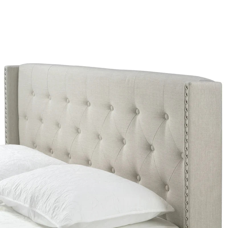 Lit rembourré à dossier haut capitonné beige – Lit simple / Grand lit double / Très grand lit double