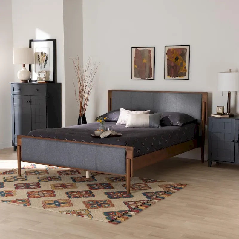 Lit plateforme moderne du milieu du siècle Noyer Gris & Frêne – Grand lit/Très grand lit