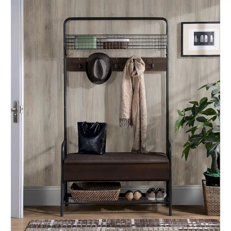 Portemanteau industriel marron avec banc de rangement – 5 patères, 1 personne