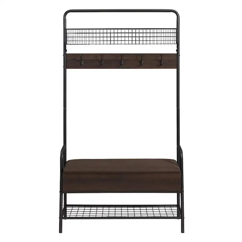 Portemanteau industriel marron avec banc de rangement – 5 patères, 1 personne