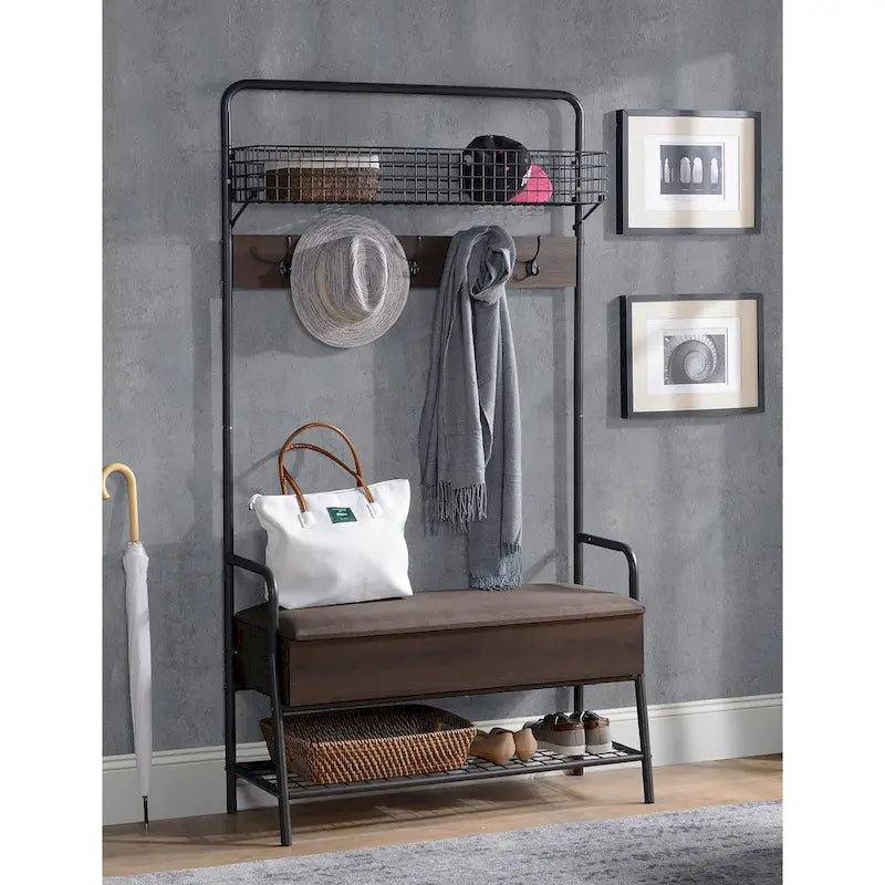 Portemanteau industriel marron avec banc de rangement – 5 patères, 1 personne