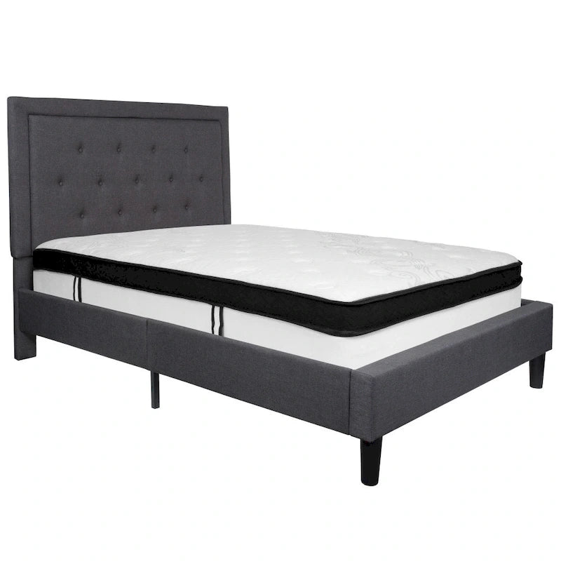Cadre de lit plateforme capitonné – Gris foncé / Beige / Gris clair / Noir, Simple/Double/Queen/King, 1-2 personnes